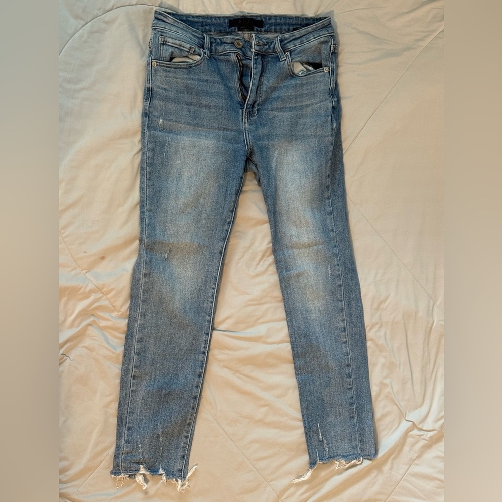 RISEN JEANS- Mid Rise Raw Hem Medium Wash Skinny Jeans RDP1420